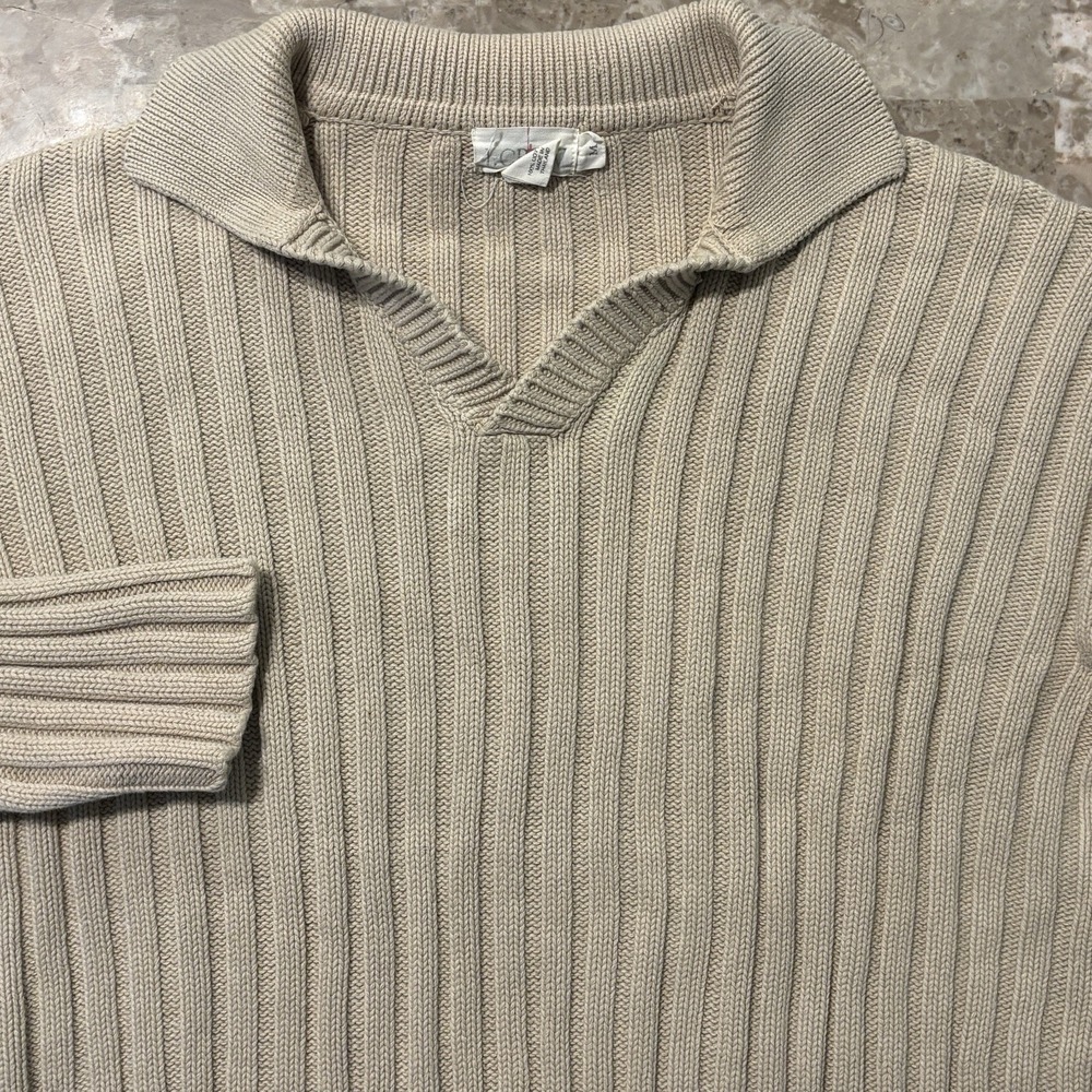 Vintage J Crew Sweater Mens Medium Khaki Tan Intarsia Knit Johnny Collar Oarsman
